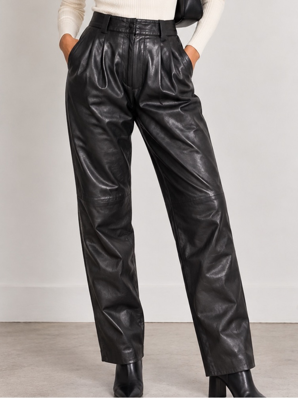 KELCO LEATHERS Black Genuine Leather Pleated High Rise Trousers 31 Waist